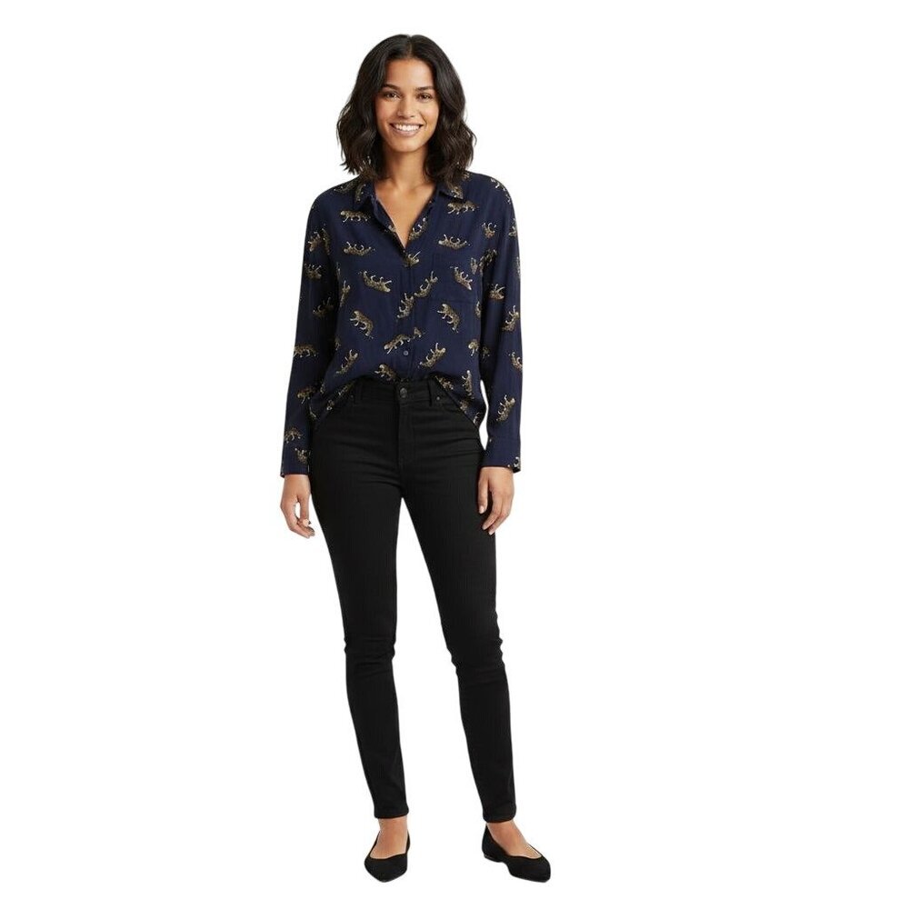 Paul Smith Navy Leopard Novelty Print Button Down Blouse Size M